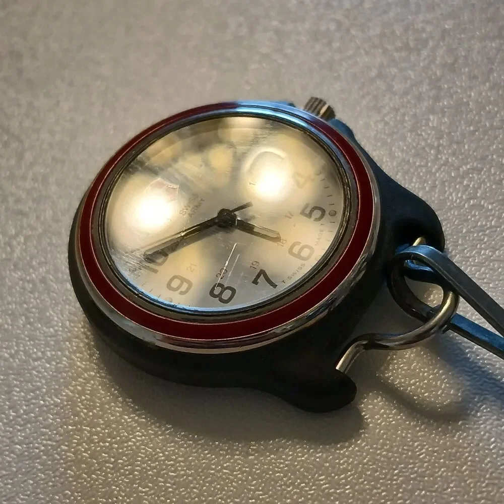 VTG 1990s Swiss Army Brand Pocket Watch Lanyard Red Bezel Date White Dial 31mm
